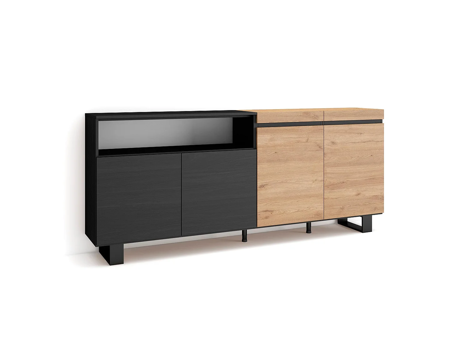 Dressoir, Opbergkast, 200x35x87cm, 4 Deuren, Industrieel design, Eiken/Zwart