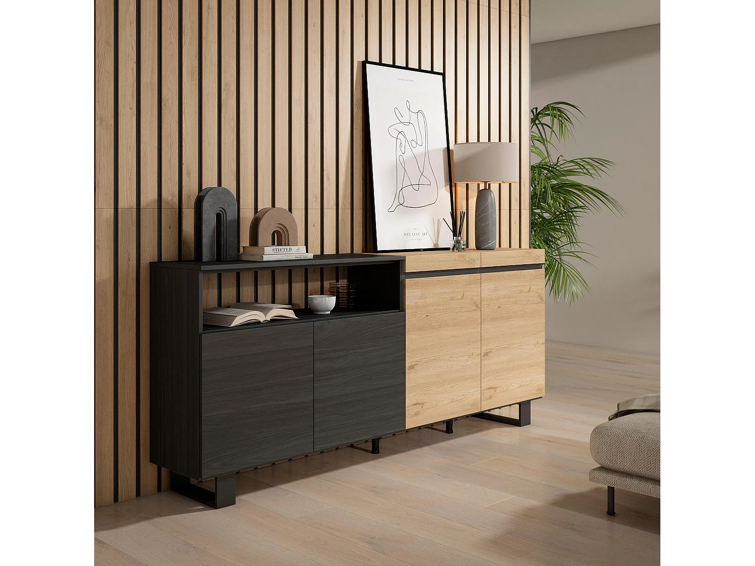 Dressoir, Opbergkast, 200x35x87cm, 4 Deuren, Industrieel design, Eiken/Zwart