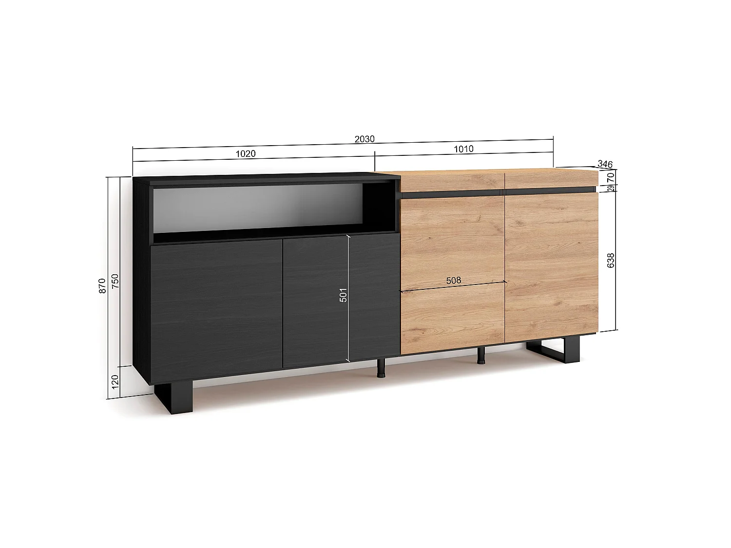 Dressoir, Opbergkast, 200x35x87cm, 4 Deuren, Industrieel design, Eiken/Zwart