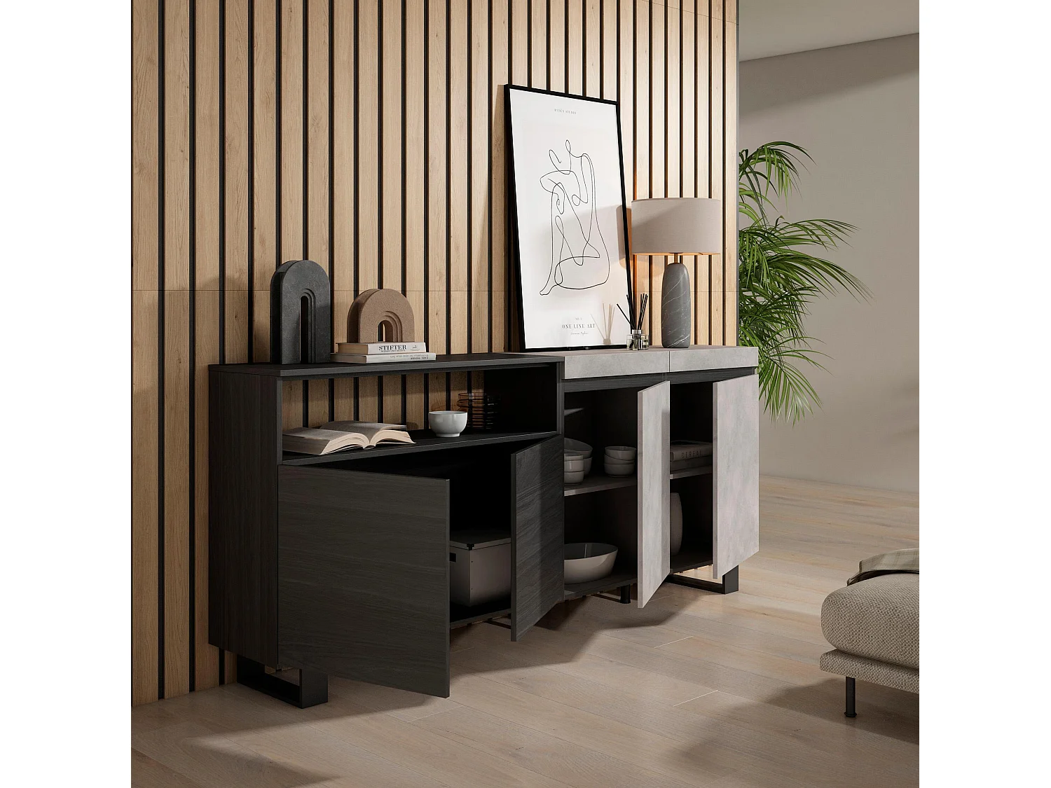 Dressoir, Opbergkast, 200x35x87cm, 4 Deuren, Industrieel design, Cement