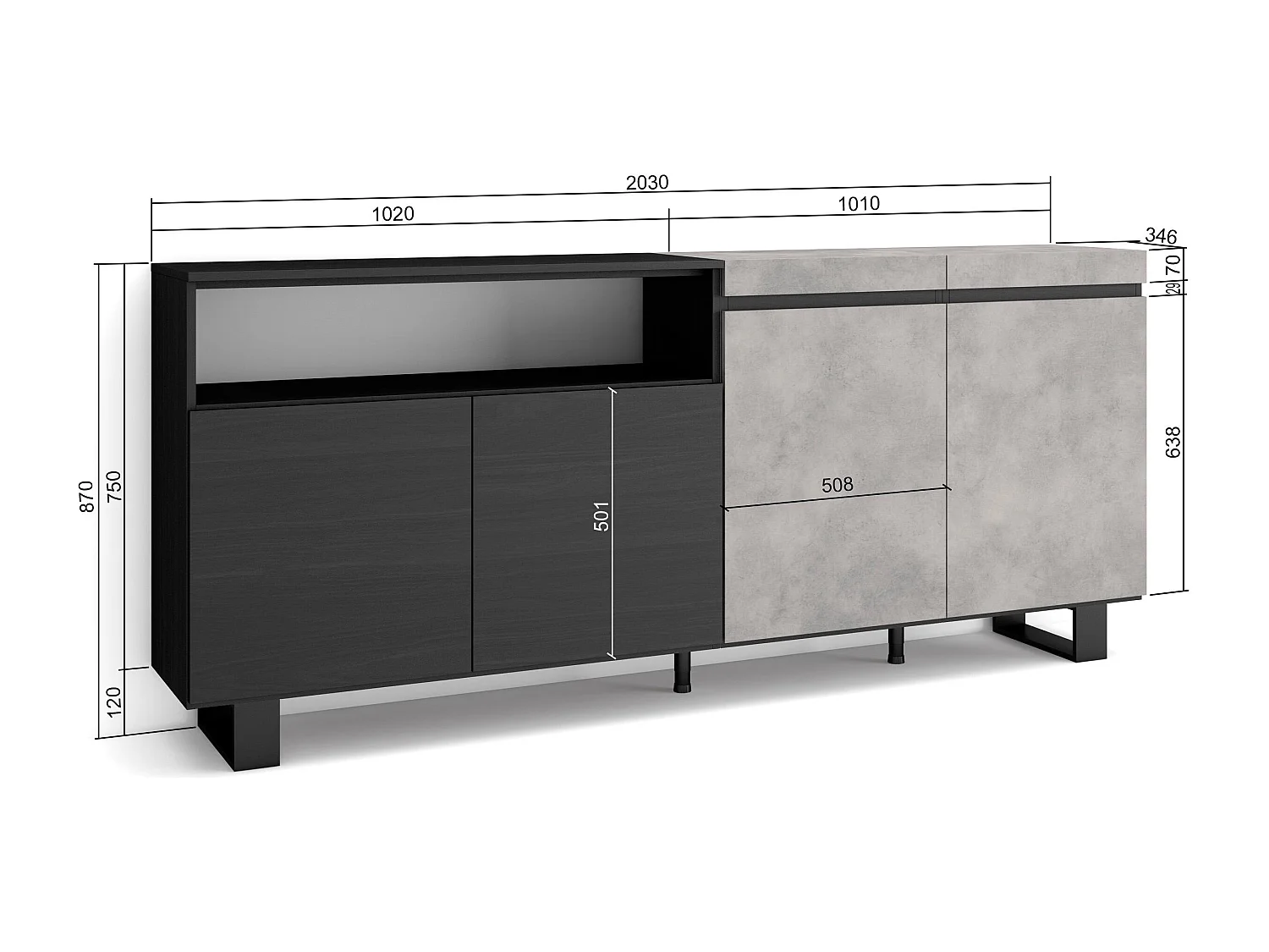 Dressoir, Opbergkast, 200x35x87cm, 4 Deuren, Industrieel design, Cement
