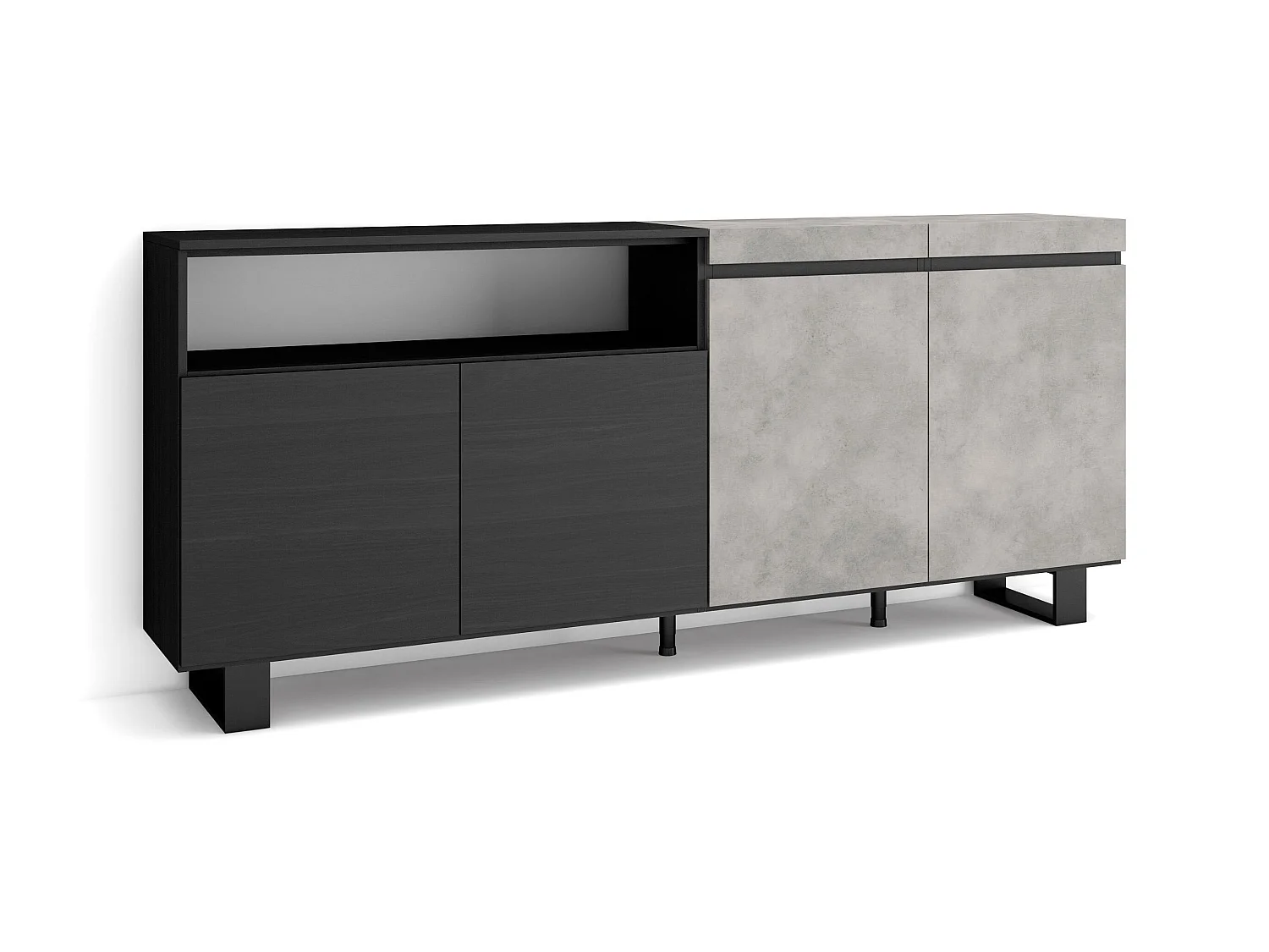 Buffet salon et cuisine, 200x35x87cm, 4 Portes, Design industriel, Ciment