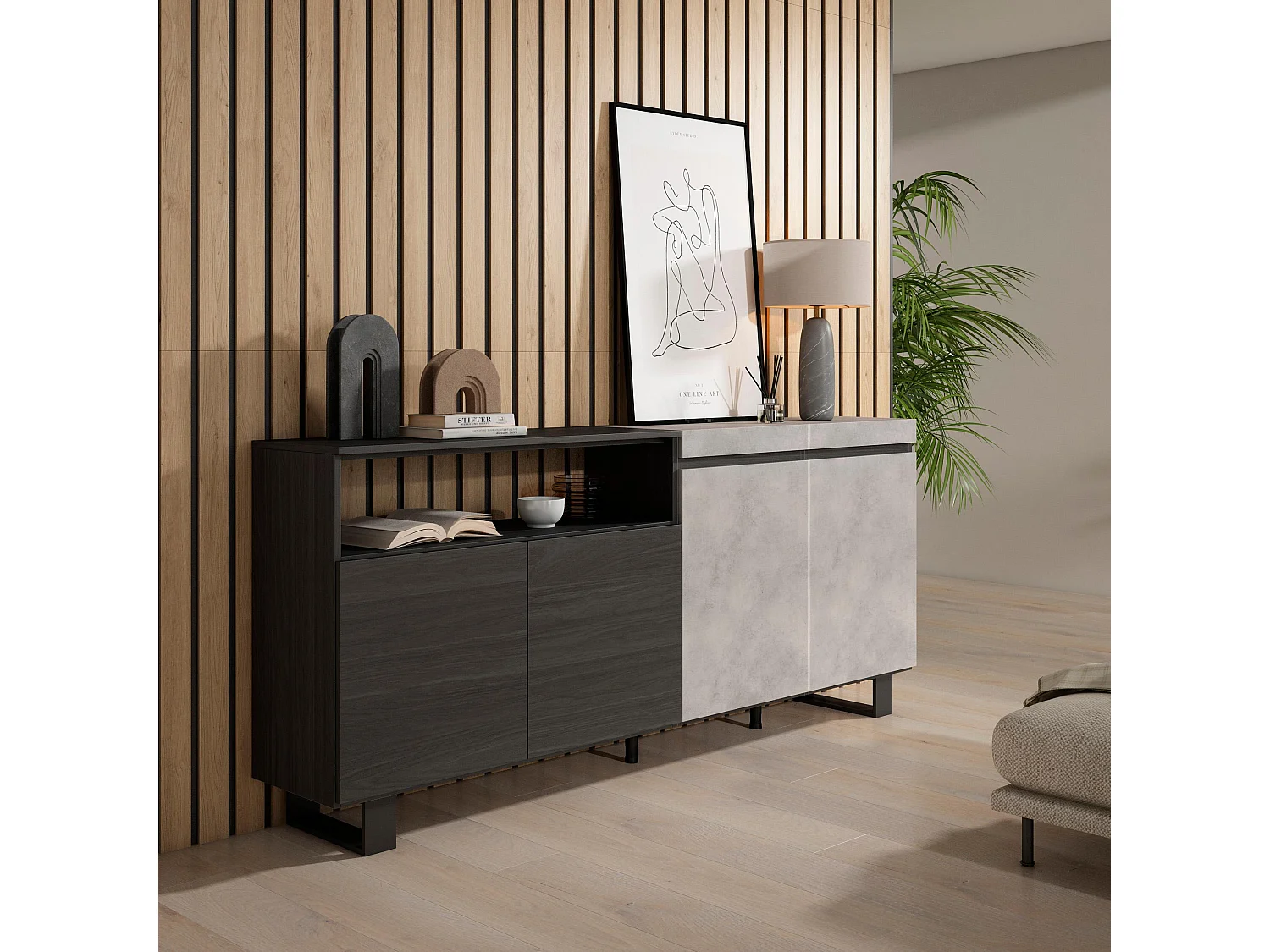 Dressoir, Opbergkast, 200x35x87cm, 4 Deuren, Industrieel design, Cement