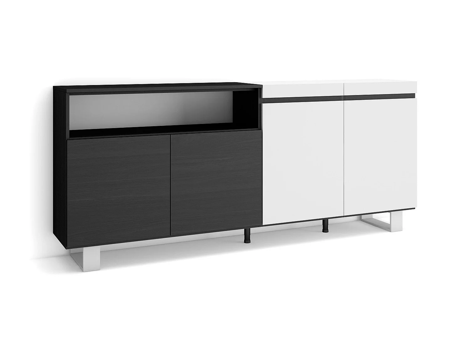 Dressoir, Opbergkast, 200x35x87cm, 4 Deuren, Industrieel design, Wit en Zwart