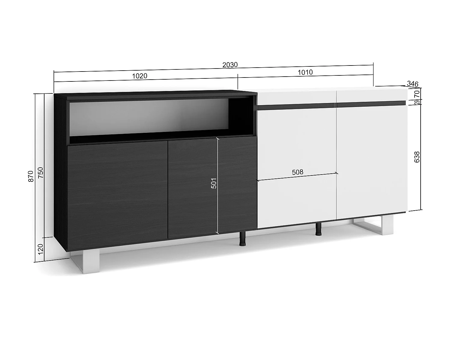 Credenza, Mobile, Cucina, 200x35x87cm, 4 Porte, Design industriale, Bianco e nero