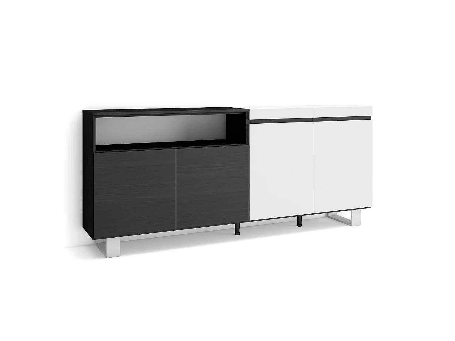 Sideboard, Highboard, 200x35x87cm, 4 Türen, Industriedesign, Weiß und Schwarz