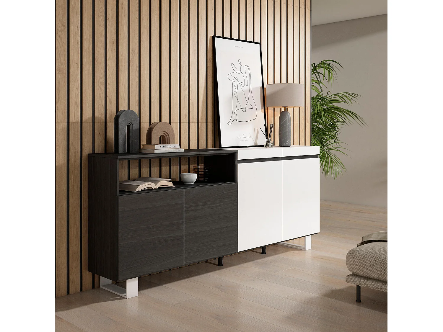 Sideboard, Highboard, 200x35x87cm, 4 Türen, Industriedesign, Weiß und Schwarz