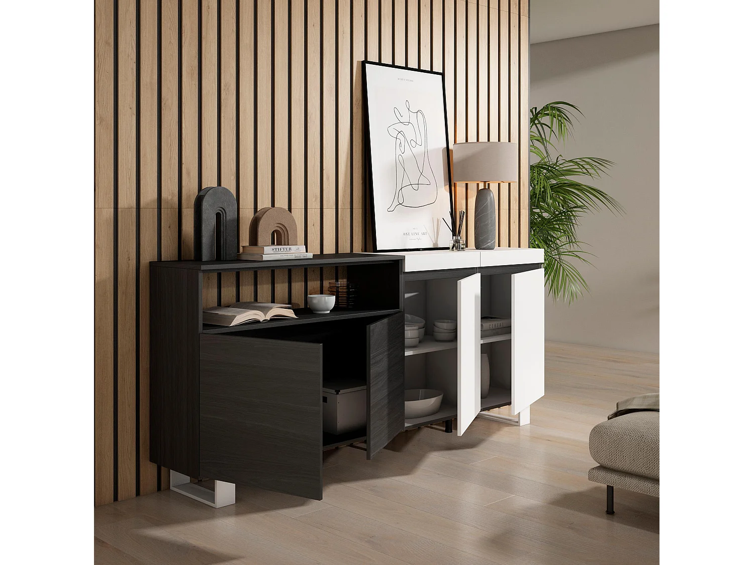 Sideboard, Highboard, 200x35x87cm, 4 Türen, Industriedesign, Weiß und Schwarz