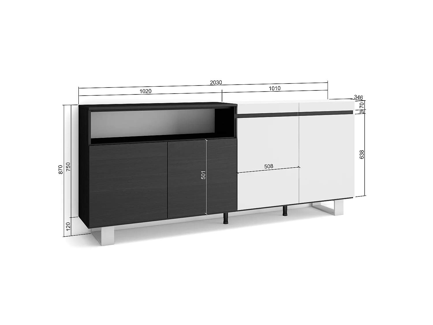 Sideboard, Highboard, 200x35x87cm, 4 Türen, Industriedesign, Weiß und Schwarz