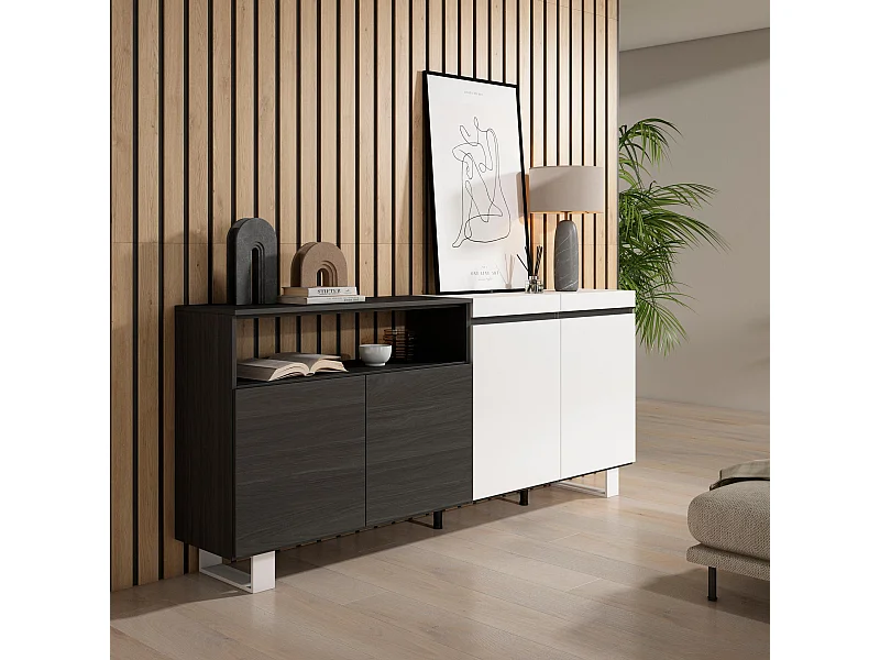 Credenza, Mobile, Cucina, 200x35x87cm, 4 Porte, Design industriale, Bianco e nero