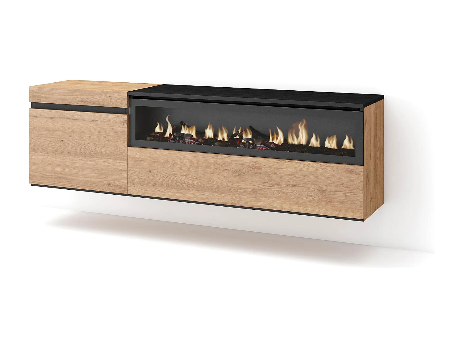 TV-Meubel, Lowboard, 150x35x45cm, Voor tv's tot 65", Elektrische haard, Hangend, Eiken/Zwart