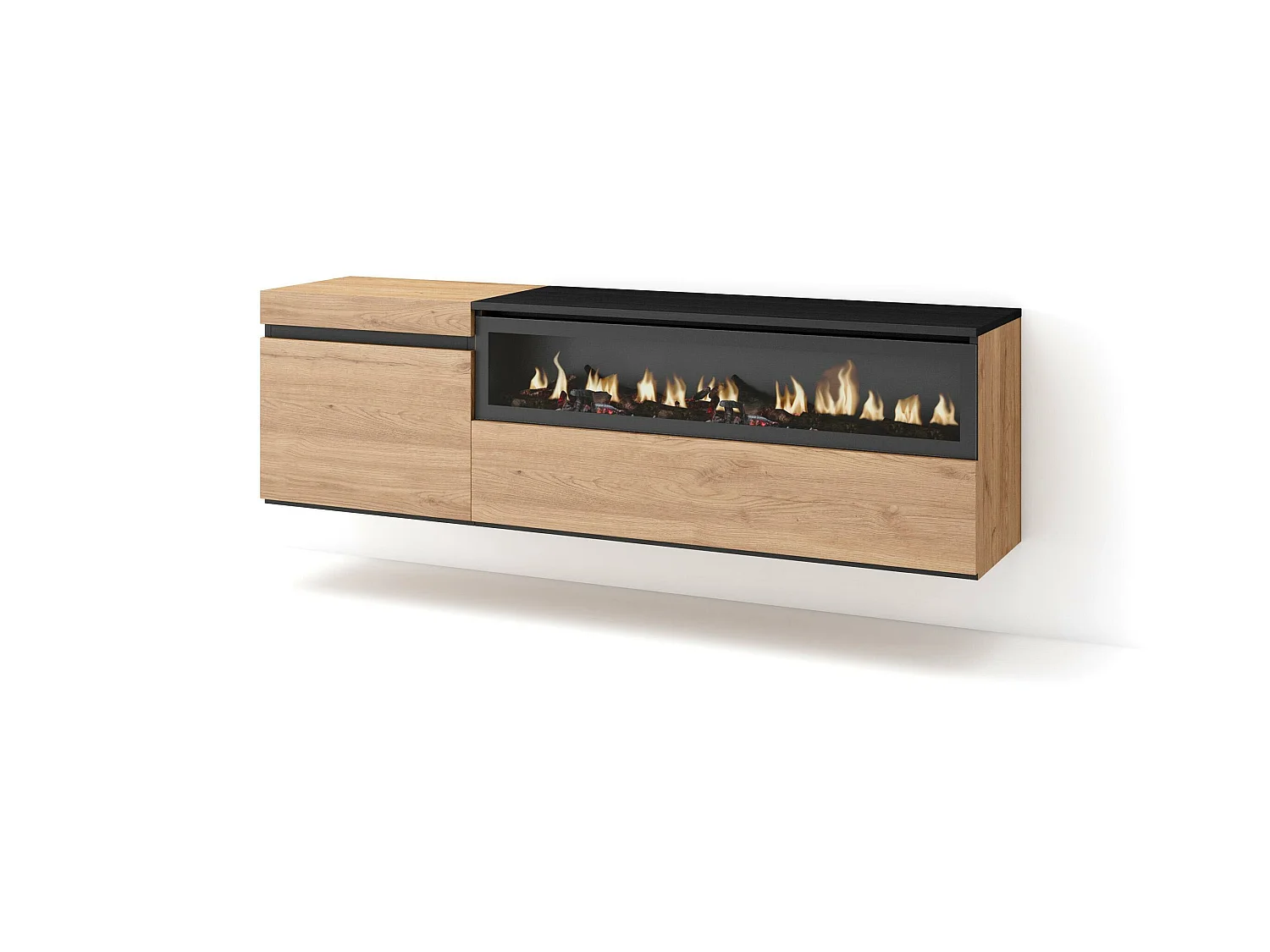 Meuble TV, Banc Télé, 150x35x45cm, Pour les TV jusqu'à 65", Cheminée électrique, Suspendu, Mural, Chêne et noir