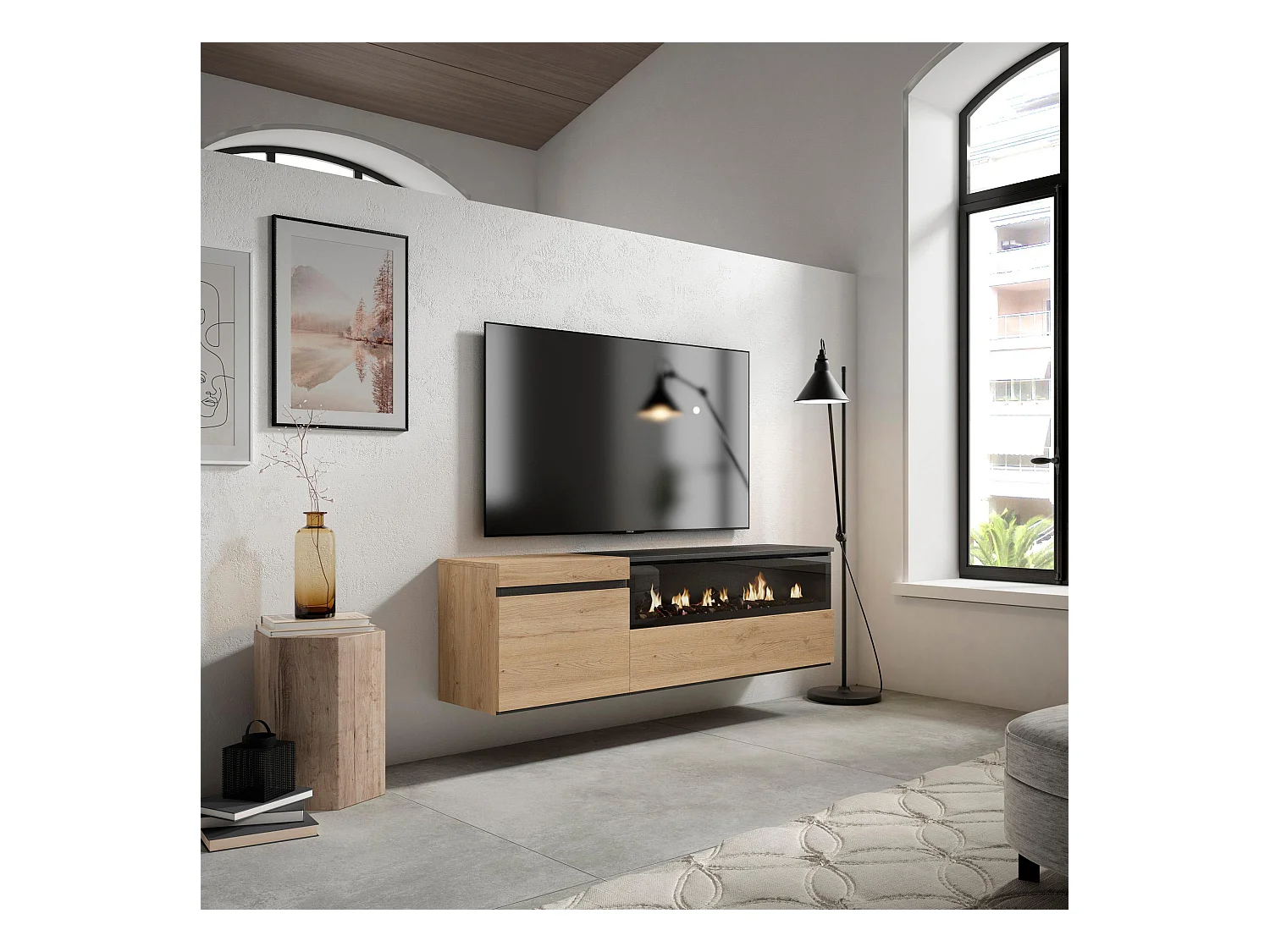 TV-Meubel, Lowboard, 150x35x45cm, Voor tv's tot 65", Elektrische haard, Hangend, Eiken/Zwart