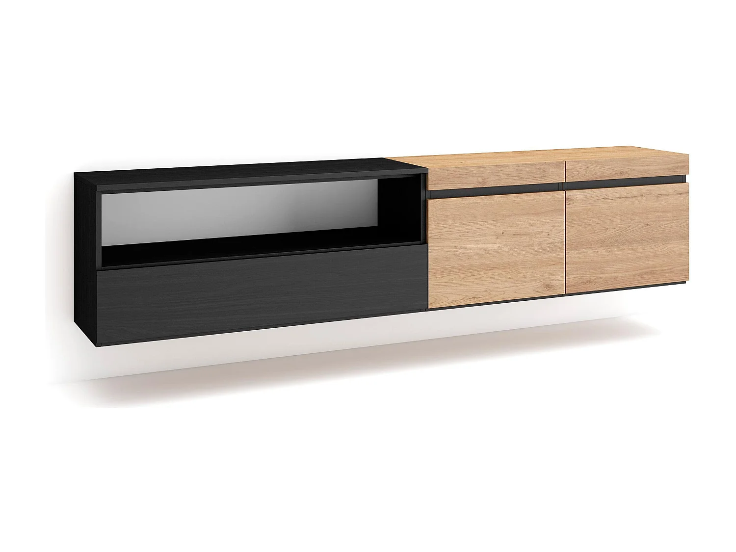 TV-Schrank, Lowboard, 200x35x45cm, Für TV-Geräte bis zu 80", Hängend, Eiche Schwarz