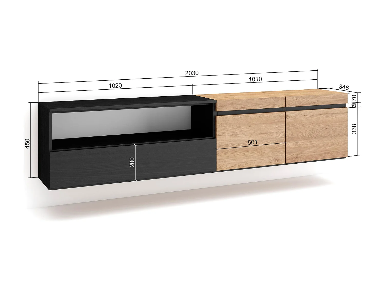 TV-Schrank, Lowboard, 200x35x45cm, Für TV-Geräte bis zu 80", Hängend, Eiche Schwarz