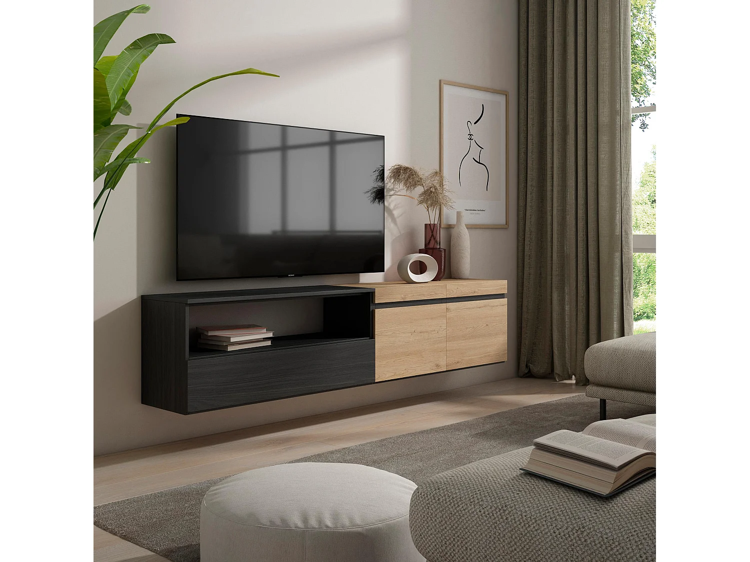 TV-Meubel, Lowboard, 200x35x45cm, Voor tv's tot 80", Hangend, Eiken/Zwart