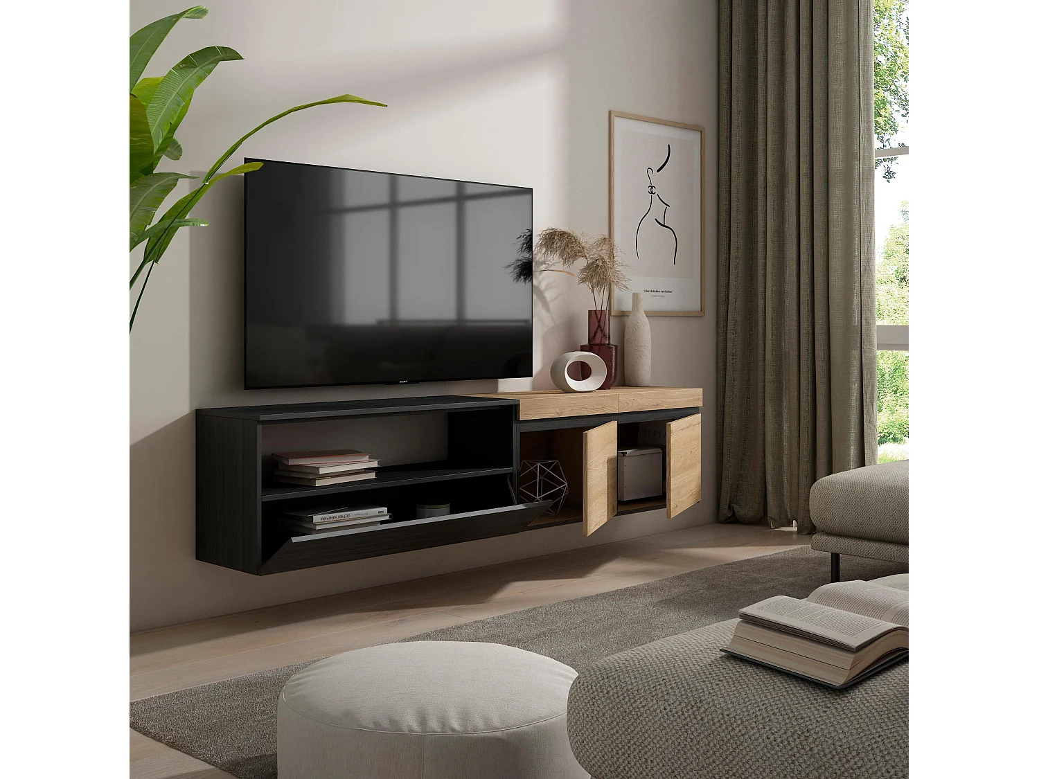 TV-Meubel, Lowboard, 200x35x45cm, Voor tv's tot 80", Hangend, Eiken/Zwart