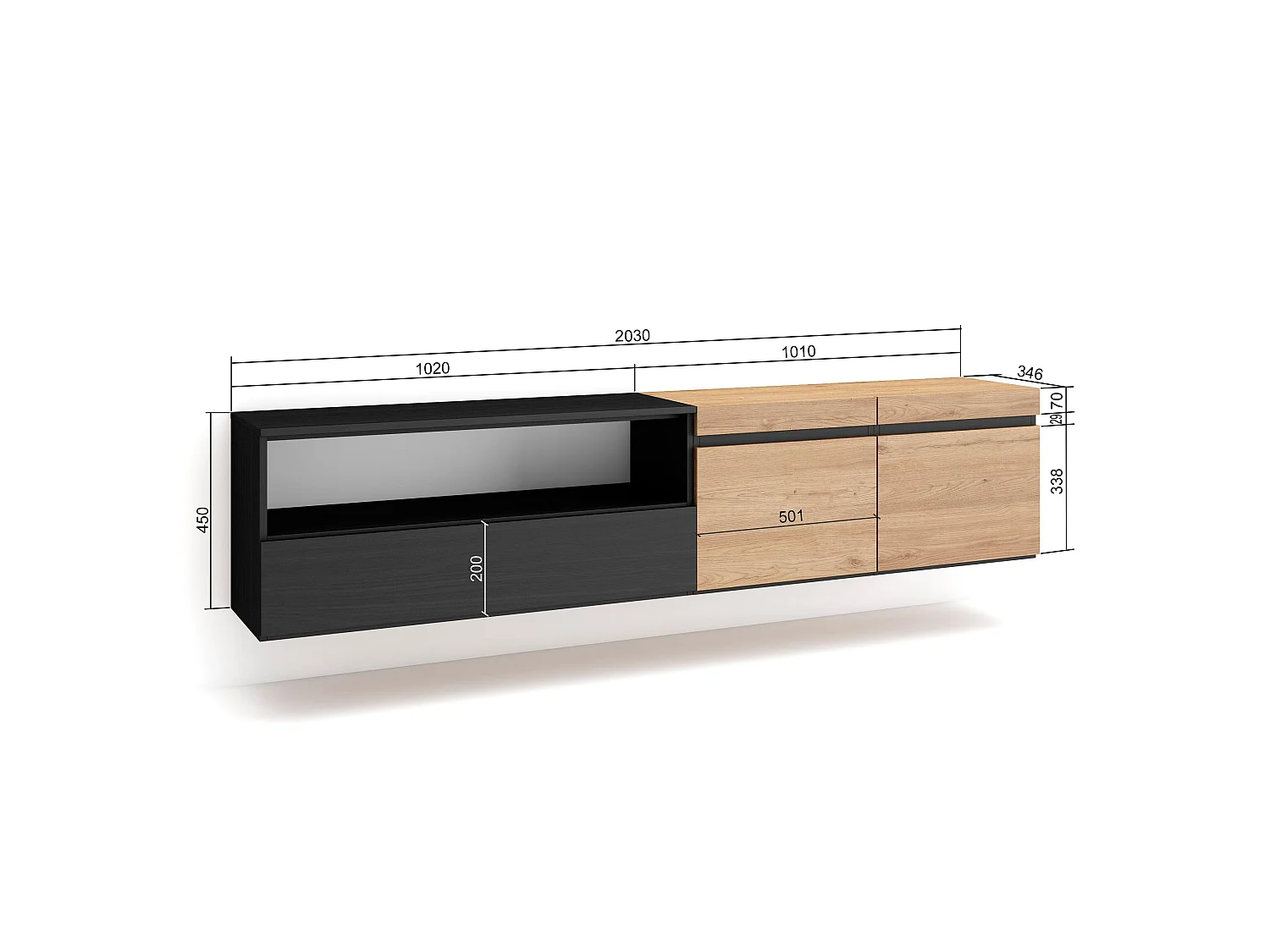 TV-Meubel, Lowboard, 200x35x45cm, Voor tv's tot 80", Hangend, Eiken/Zwart