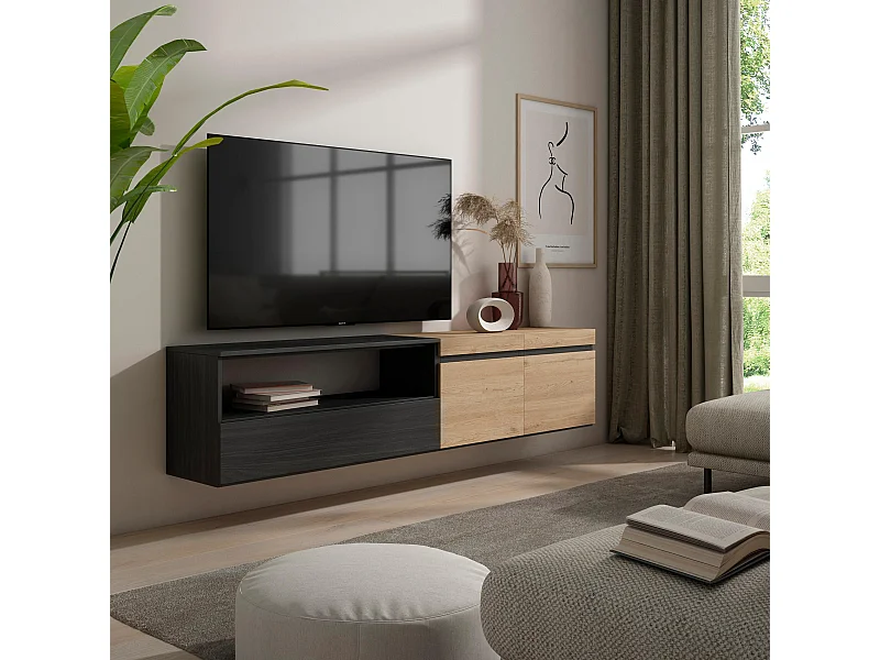 Mobile TV Soggiorno, 200x35x45cm, Per TV fino a 80", Sospeso, da appendere, Rovere e nero