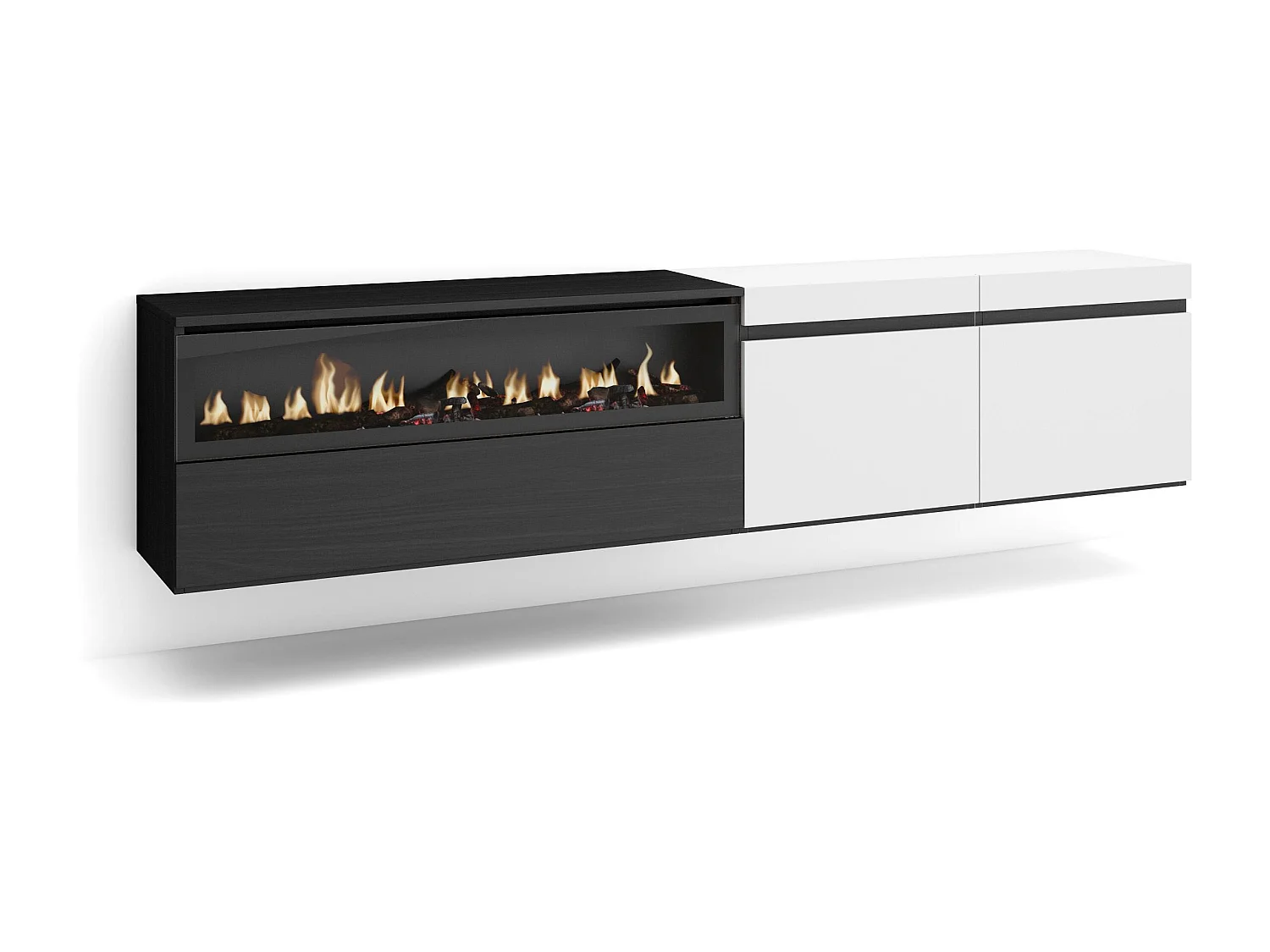 TV-Schrank, Lowboard, 200x35x45cm, Für TV-Geräte bis zu 80", Elektrokamin, Hängend, Weiß und Schwarz