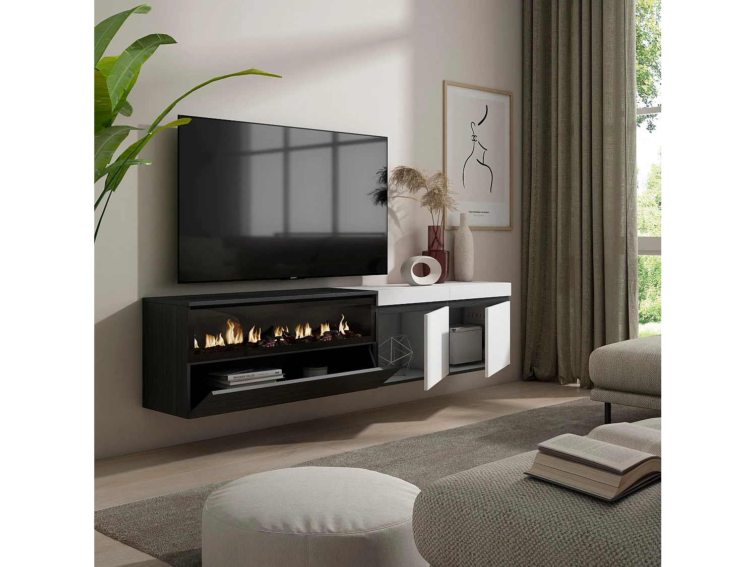 TV-Schrank, Lowboard, 200x35x45cm, Für TV-Geräte bis zu 80", Elektrokamin, Hängend, Weiß und Schwarz