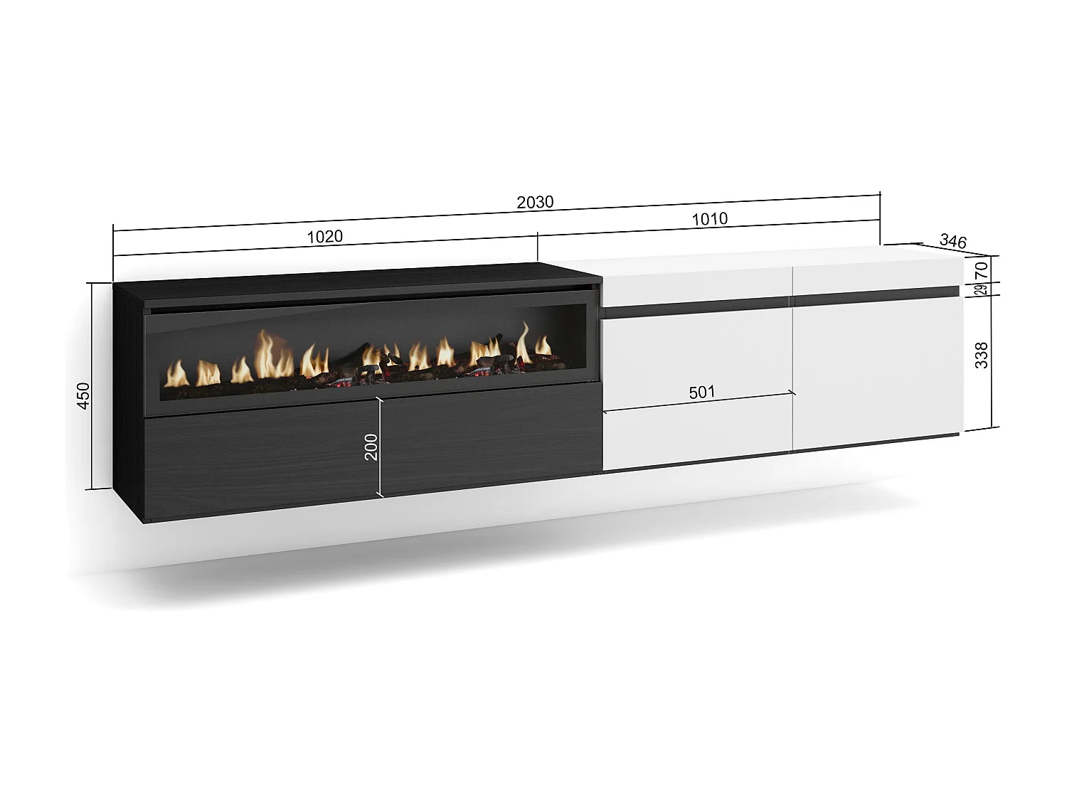 TV-Schrank, Lowboard, 200x35x45cm, Für TV-Geräte bis zu 80", Elektrokamin, Hängend, Weiß und Schwarz