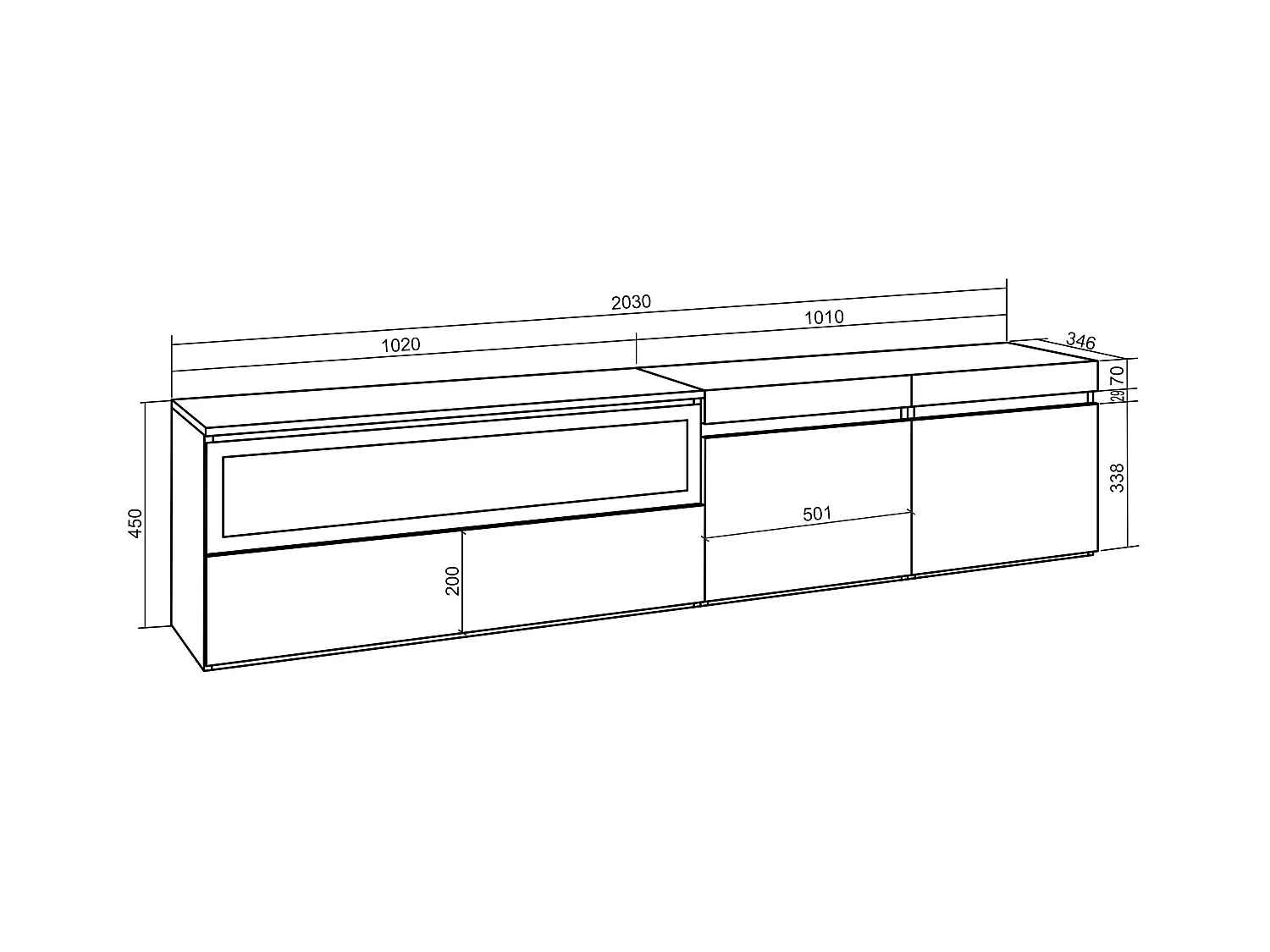 TV-Schrank, Lowboard, 200x35x45cm, Für TV-Geräte bis zu 80", Elektrokamin, Hängend, Weiß und Schwarz