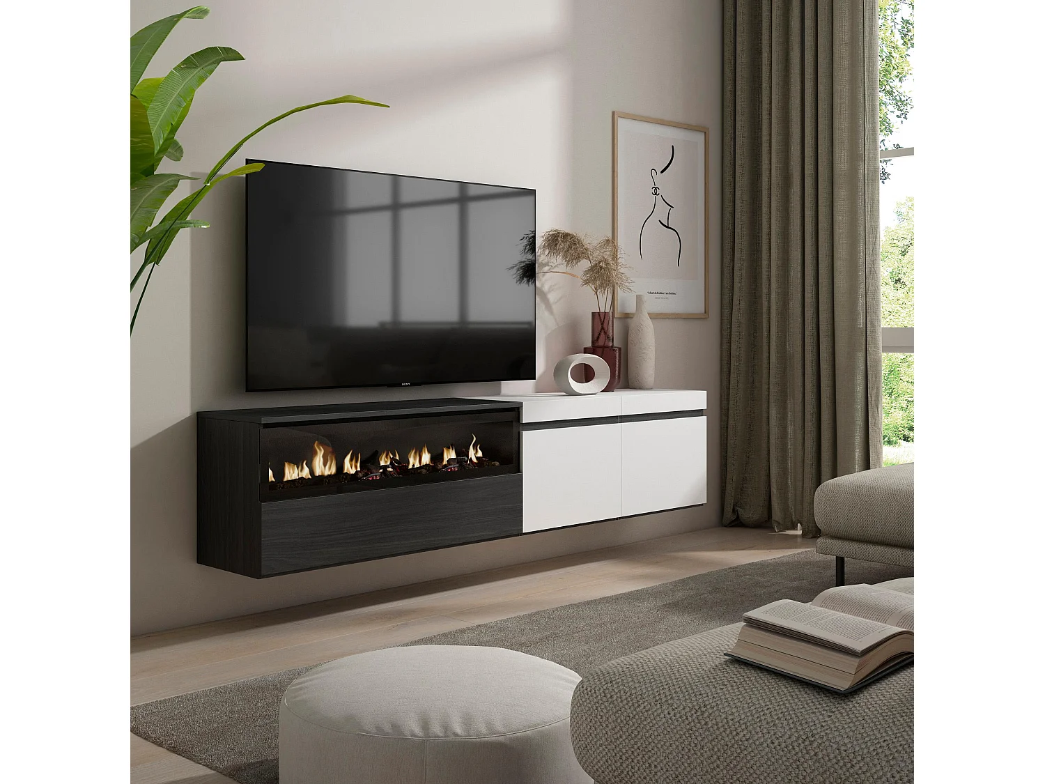 TV-Meubel, Lowboard, 200x35x45cm, Voor tv's tot 80", Elektrische haard, Hangend, Wit en Zwart