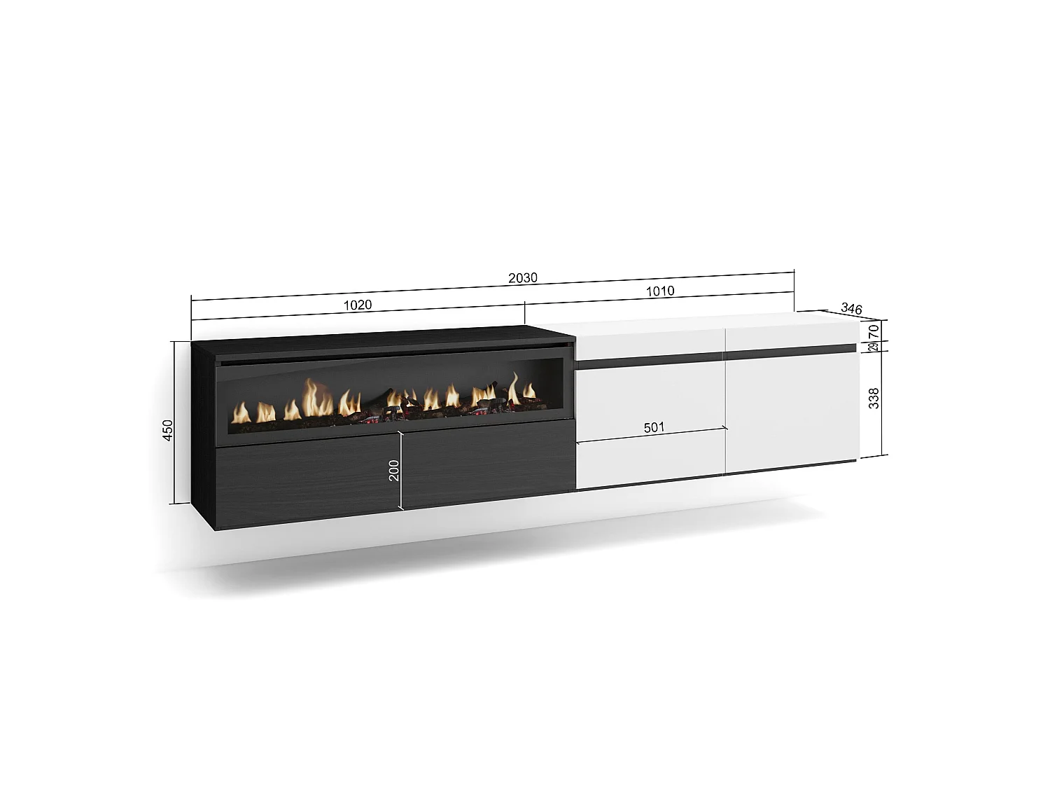 TV-Meubel, Lowboard, 200x35x45cm, Voor tv's tot 80", Elektrische haard, Hangend, Wit en Zwart