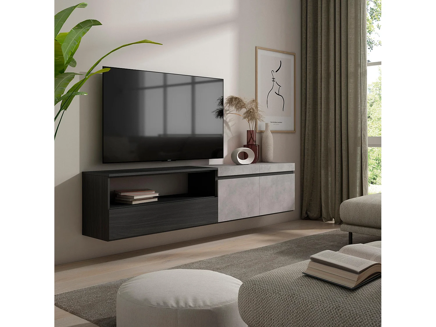TV-Meubel, Lowboard, 200x35x45cm, Voor tv's tot 80", Hangend, Cement