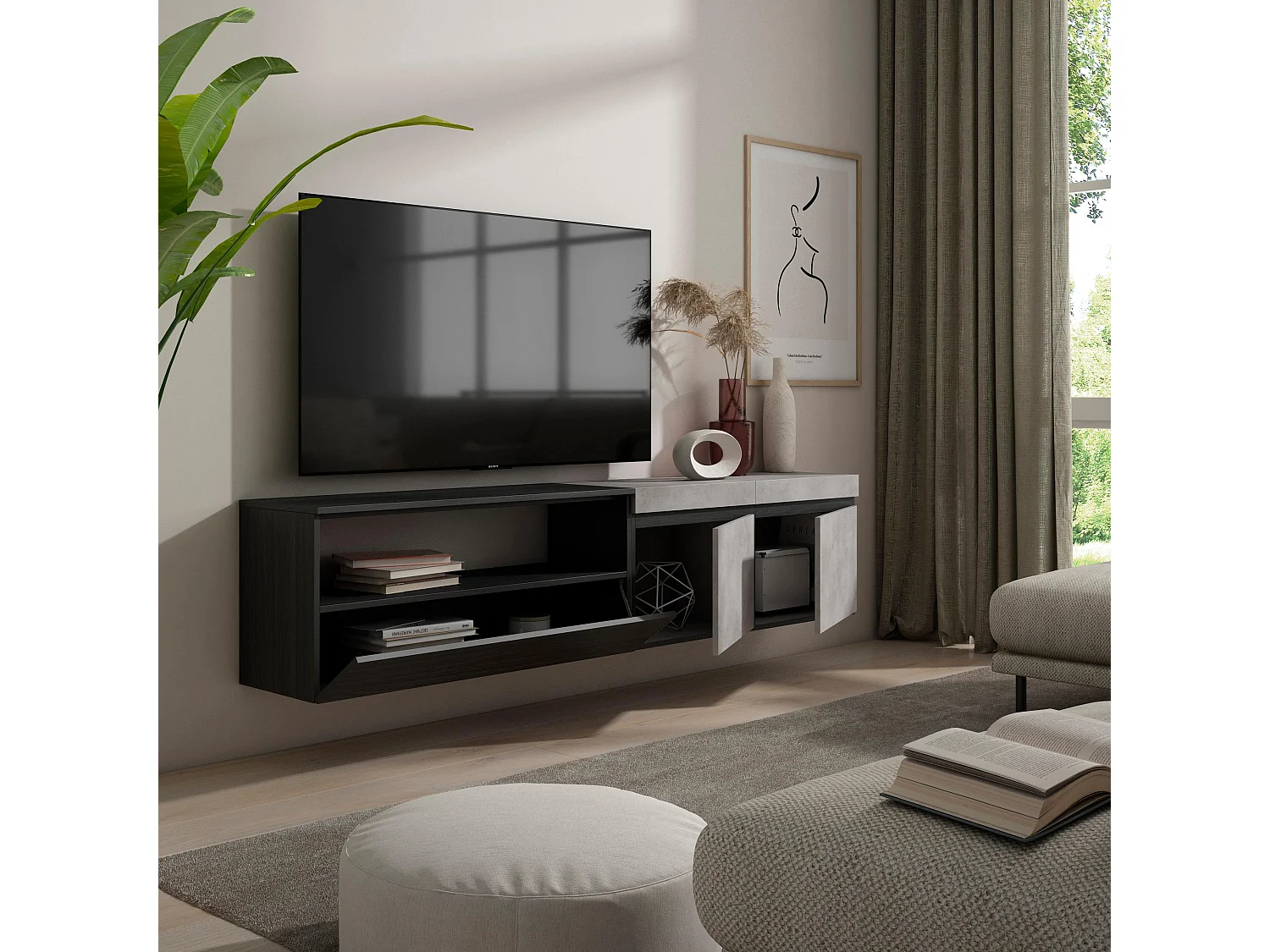 TV-Meubel, Lowboard, 200x35x45cm, Voor tv's tot 80", Hangend, Cement