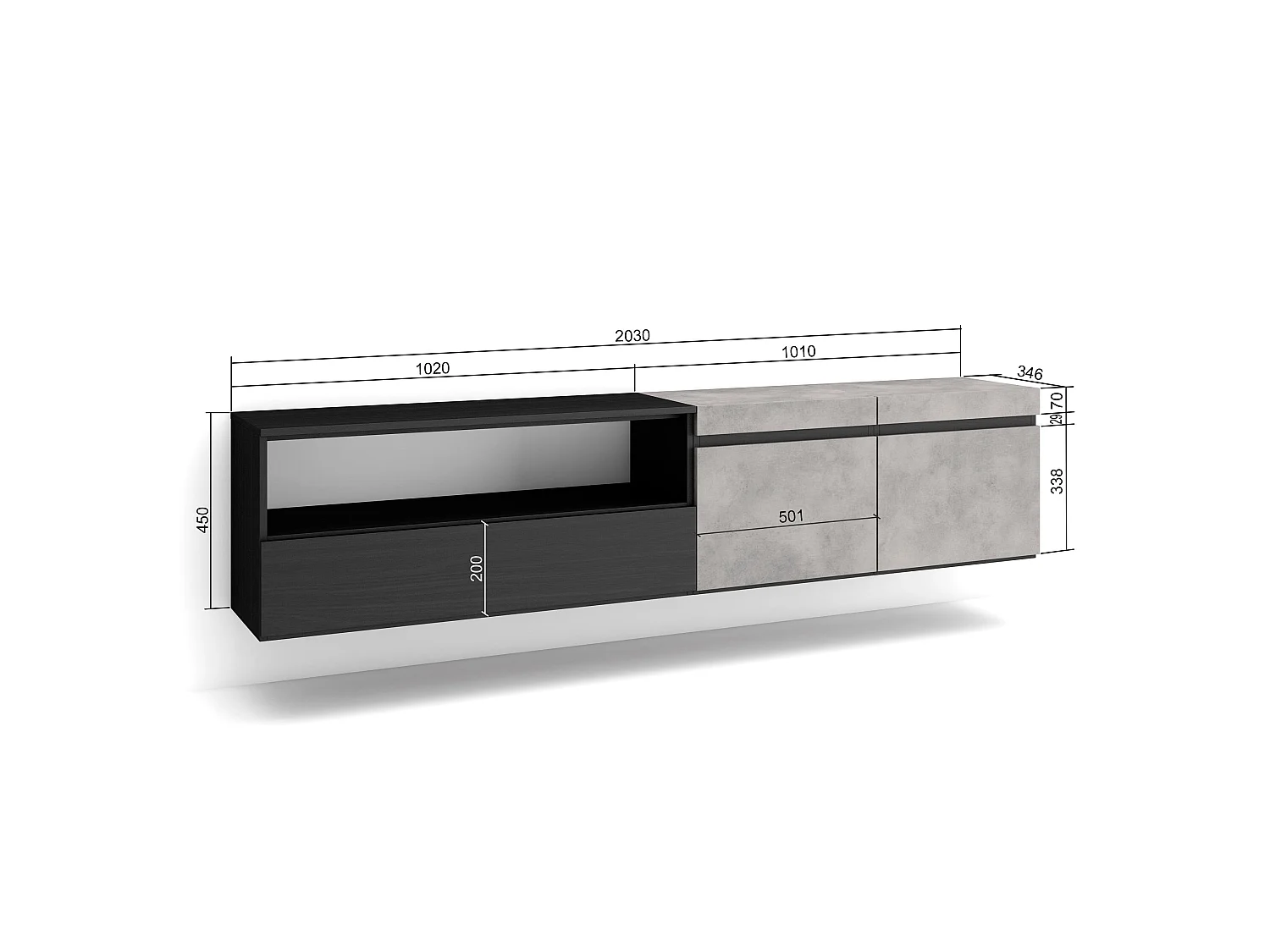 TV-Meubel, Lowboard, 200x35x45cm, Voor tv's tot 80", Hangend, Cement