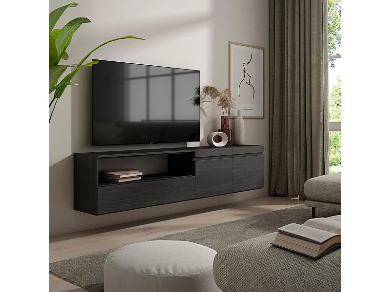 TV-Schrank, Lowboard, 200x35x45cm, Für TV-Geräte bis zu 80", Hängend, Schwarz