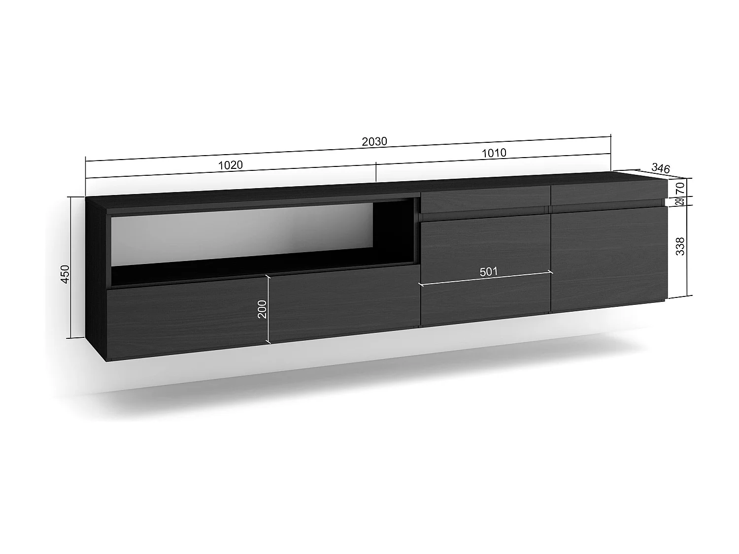 TV-Meubel, Lowboard, 200x35x45cm, Voor tv's tot 80", Hangend, Zwart