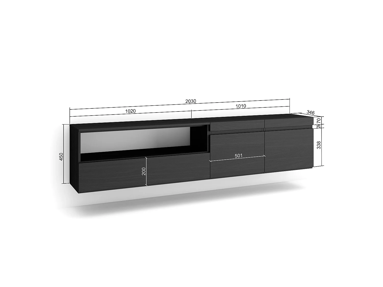 TV-Meubel, Lowboard, 200x35x45cm, Voor tv's tot 80", Hangend, Zwart