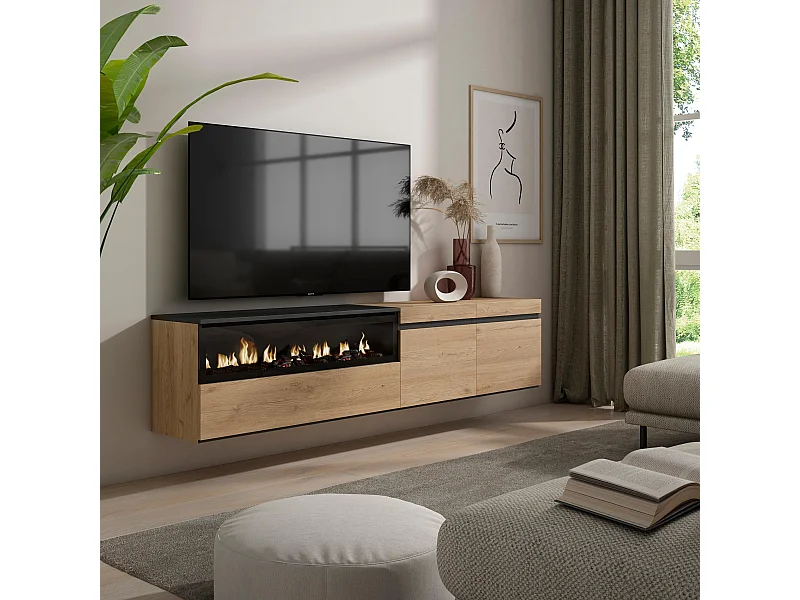 TV-Schrank, Lowboard, 200x35x45cm, Für TV-Geräte bis zu 80", Elektrokamin, Hängend, Eiche Schwarz
