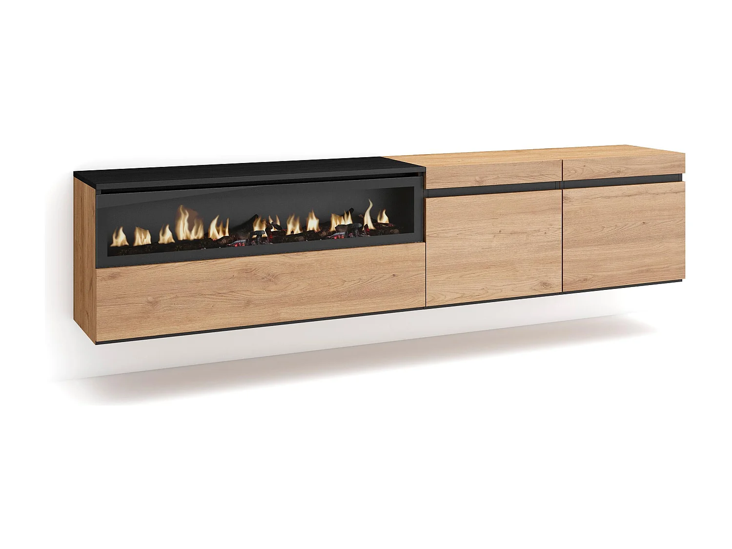 TV-Meubel, Lowboard, 200x35x45cm, Voor tv's tot 80", Elektrische haard, Hangend, Eiken/Zwart