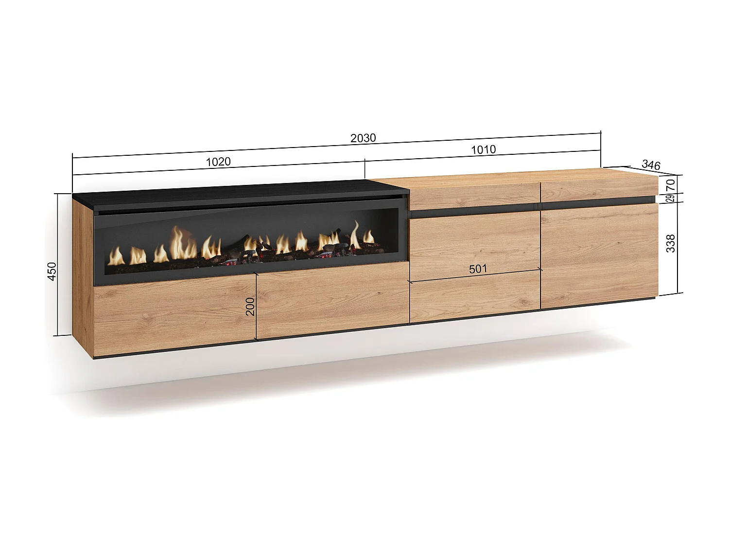 TV-Meubel, Lowboard, 200x35x45cm, Voor tv's tot 80", Elektrische haard, Hangend, Eiken/Zwart