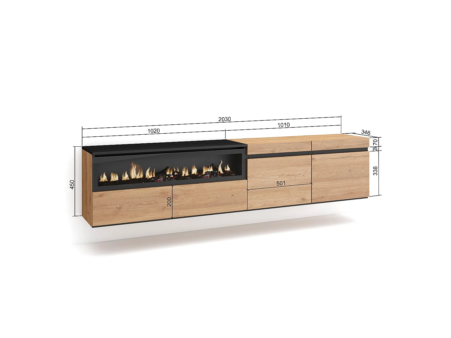 Meuble TV, Banc Télé, 200x35x45cm, Pour les TV jusqu'à 80", Cheminée électrique, Suspendu, Mural, Chêne et noir