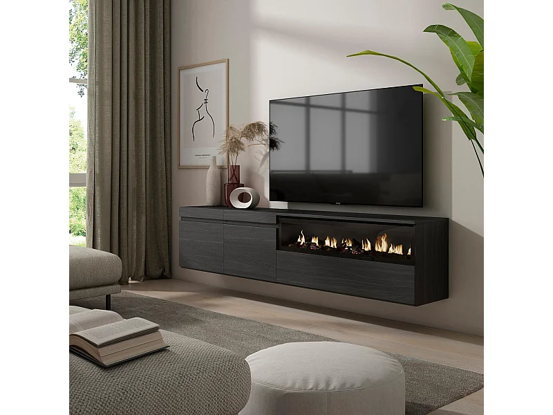 TV-Schrank, Lowboard, 200x35x45cm, Für TV-Geräte bis zu 80", Elektrokamin, Hängend, Schwarz