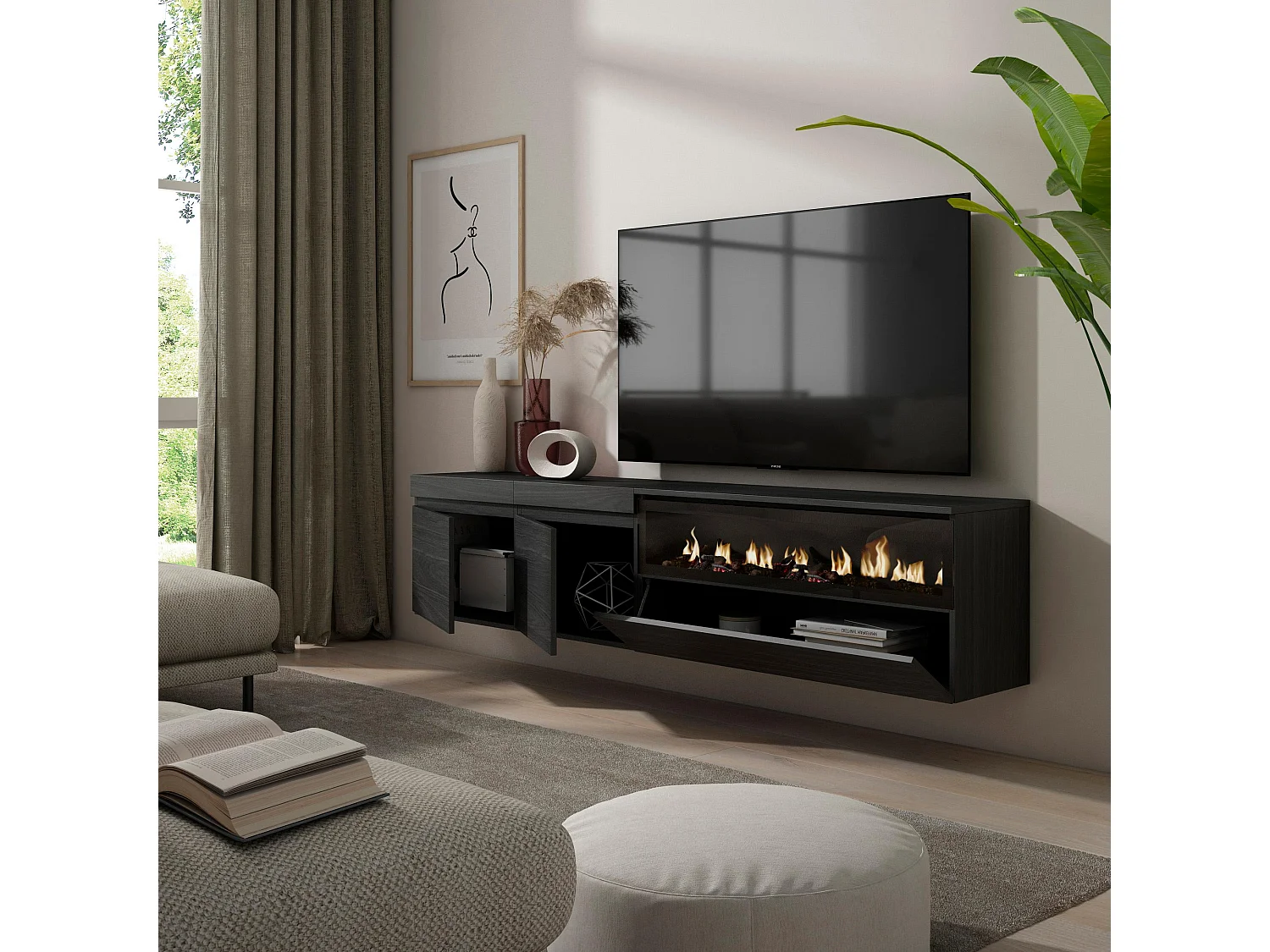 TV-Meubel, Lowboard, 200x35x45cm, Voor tv's tot 80", Elektrische haard, Hangend, Zwart