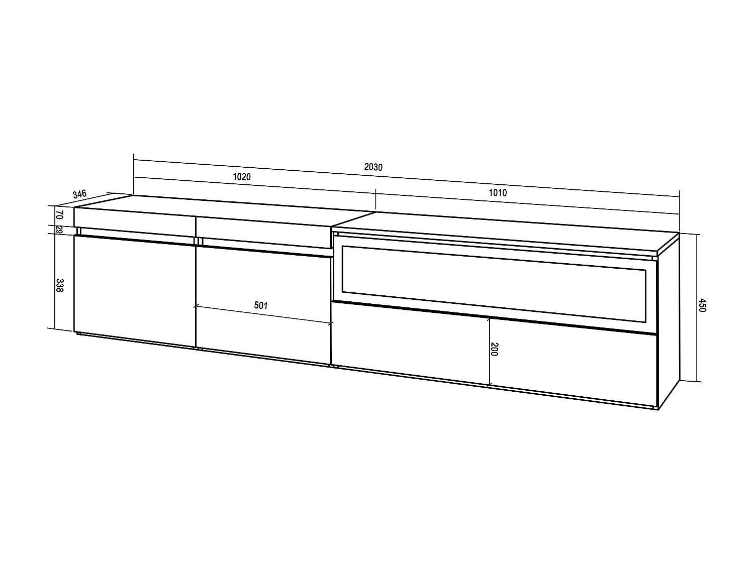 TV-Meubel, Lowboard, 200x35x45cm, Voor tv's tot 80", Elektrische haard, Hangend, Zwart