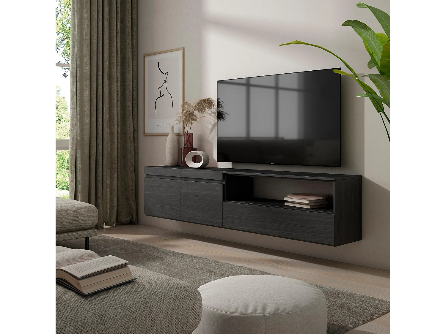 TV-Meubel, Lowboard, 200x35x45cm, Voor tv's tot 80", Hangend, Zwart