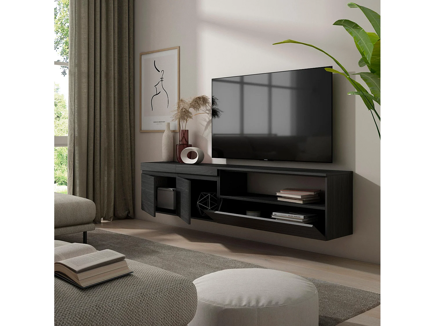 TV-Meubel, Lowboard, 200x35x45cm, Voor tv's tot 80", Hangend, Zwart