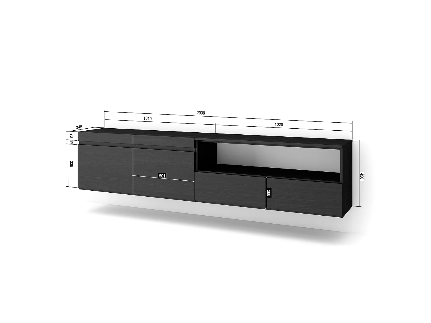 TV-Meubel, Lowboard, 200x35x45cm, Voor tv's tot 80", Hangend, Zwart