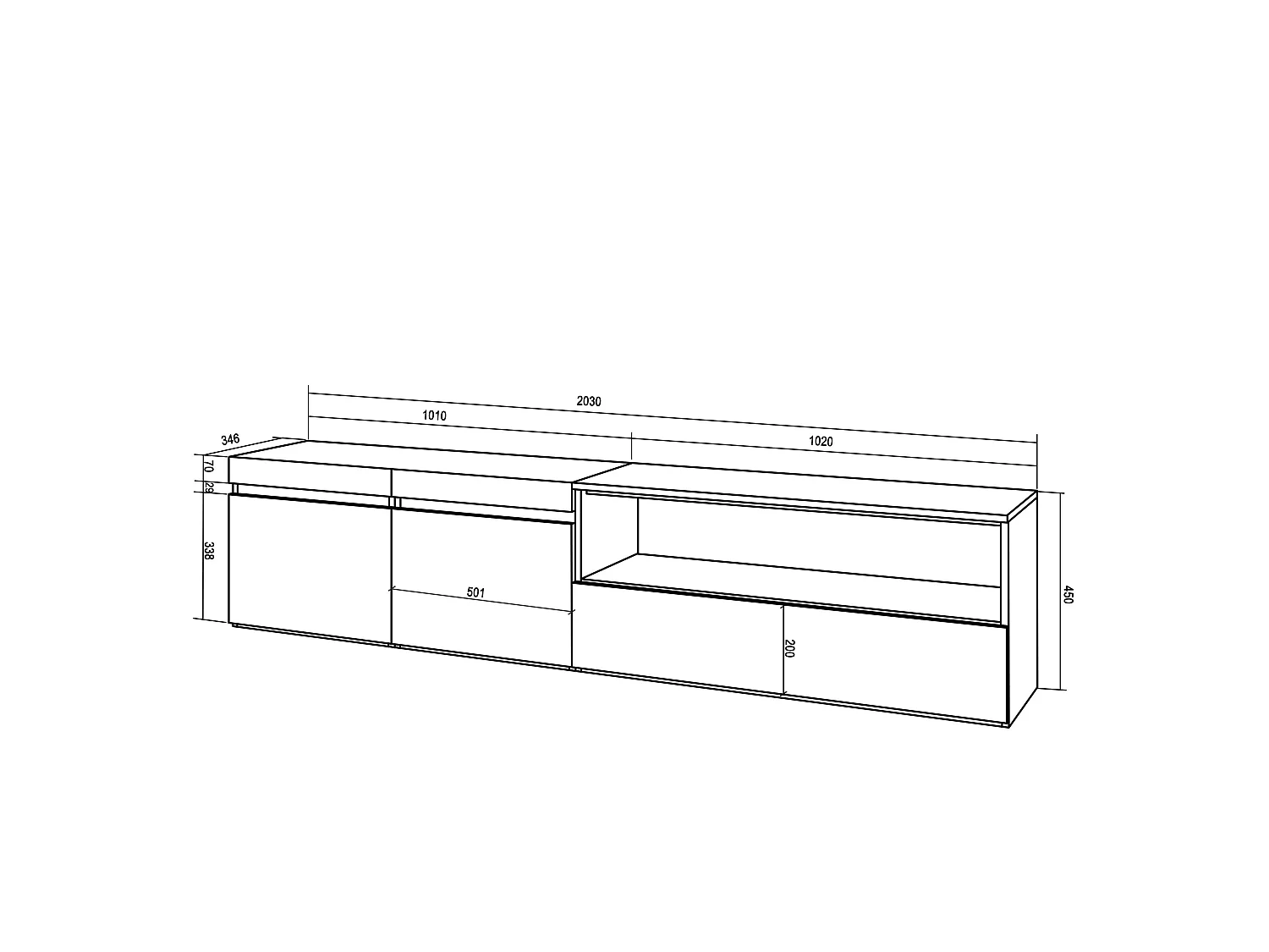 TV-Meubel, Lowboard, 200x35x45cm, Voor tv's tot 80", Hangend, Zwart