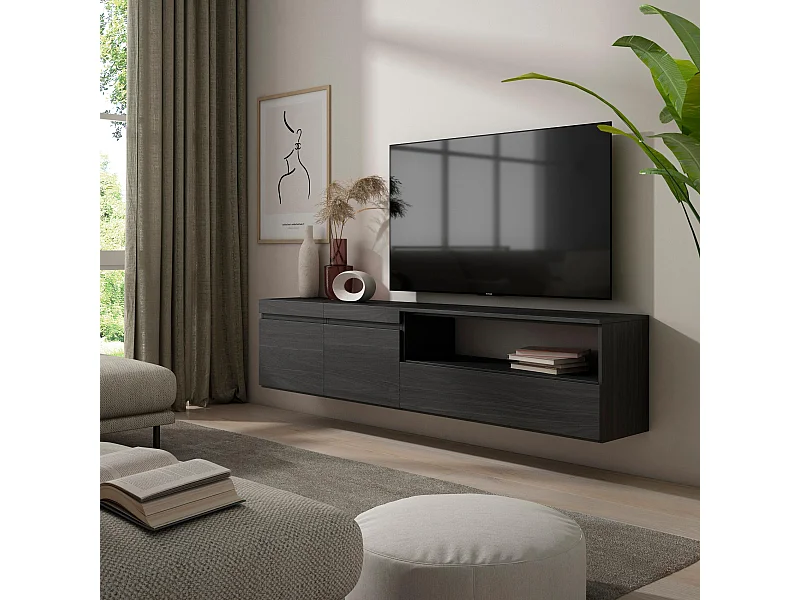 Meuble TV, Banc Télé, 200x35x45cm, Pour les TV jusqu'à 80", Suspendu, Mural, Noir