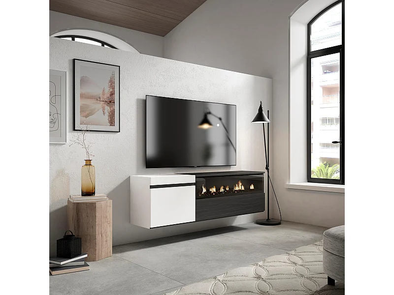 TV-Schrank, Lowboard, 150x35x45cm, Für TV-Geräte bis zu 65", Elektrokamin, Hängend, Weiß und Schwarz