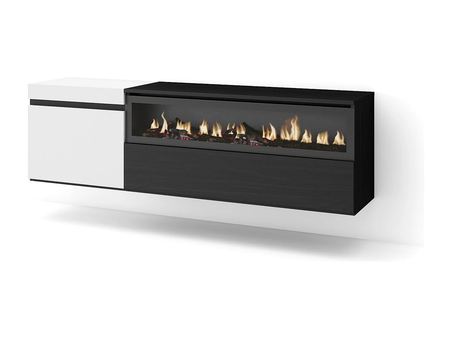 TV-Meubel, Lowboard, 150x35x45cm, Voor tv's tot 65", Elektrische haard, Hangend, Wit en Zwart