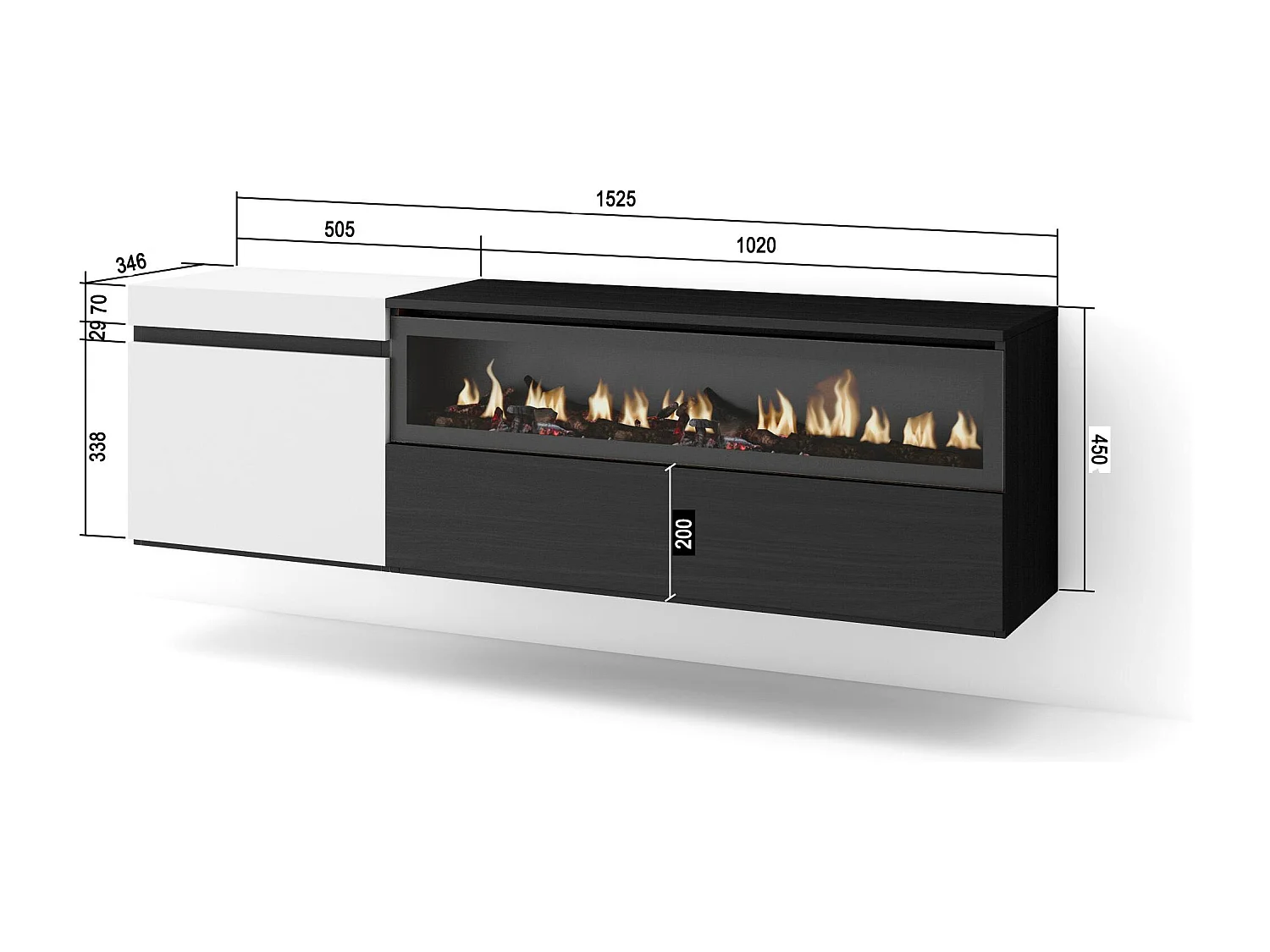 TV-Meubel, Lowboard, 150x35x45cm, Voor tv's tot 65", Elektrische haard, Hangend, Wit en Zwart